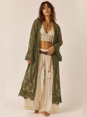 Earthy Goblincore Forest Green Lace Bell Sleeve Kimono Duster Hobbit Boho Sheer